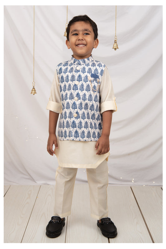 Blue Art Silk Blend Soft Festive Motif Printed and Embroidered Ethnic Nehru Jacket Full Sleeves Kurta Pajama Set with Brooch