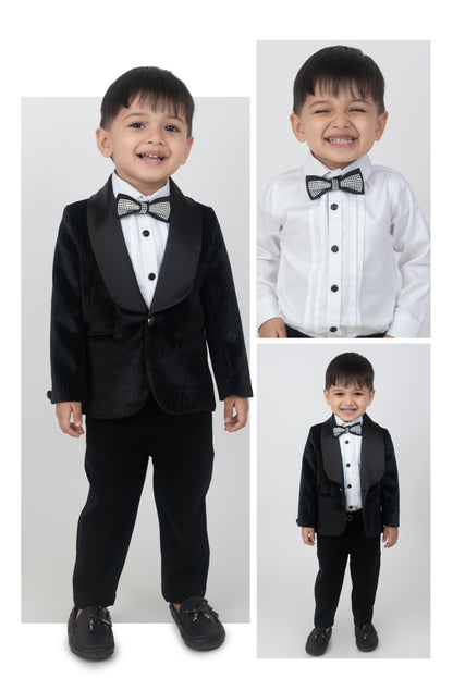 Shiny Velvet Striped Coat Tuxedo Pant Formal Shirt Suit Set with Smart Bow  - Black