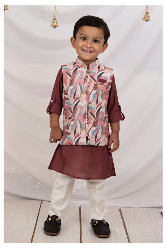 Maroon Silk Blend Soft Festive Abstract Printed Bright Ethnic Nehru Jacket Full Sleeves Kurta Pajama Set