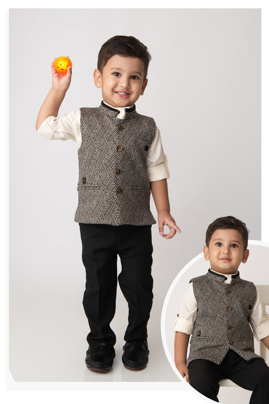 Black Elegant Jaquard Nehru Jacket, Shirt-Pant Formal Set