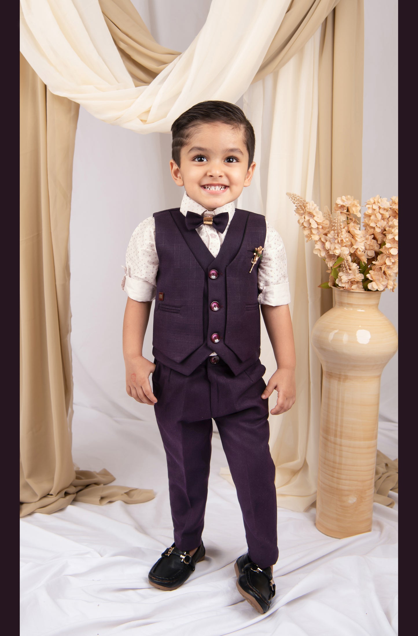 Wine Formal Partywear Self Lurex Checks Jacket Full Sleeves Shirt Pant Coord Set with Bow