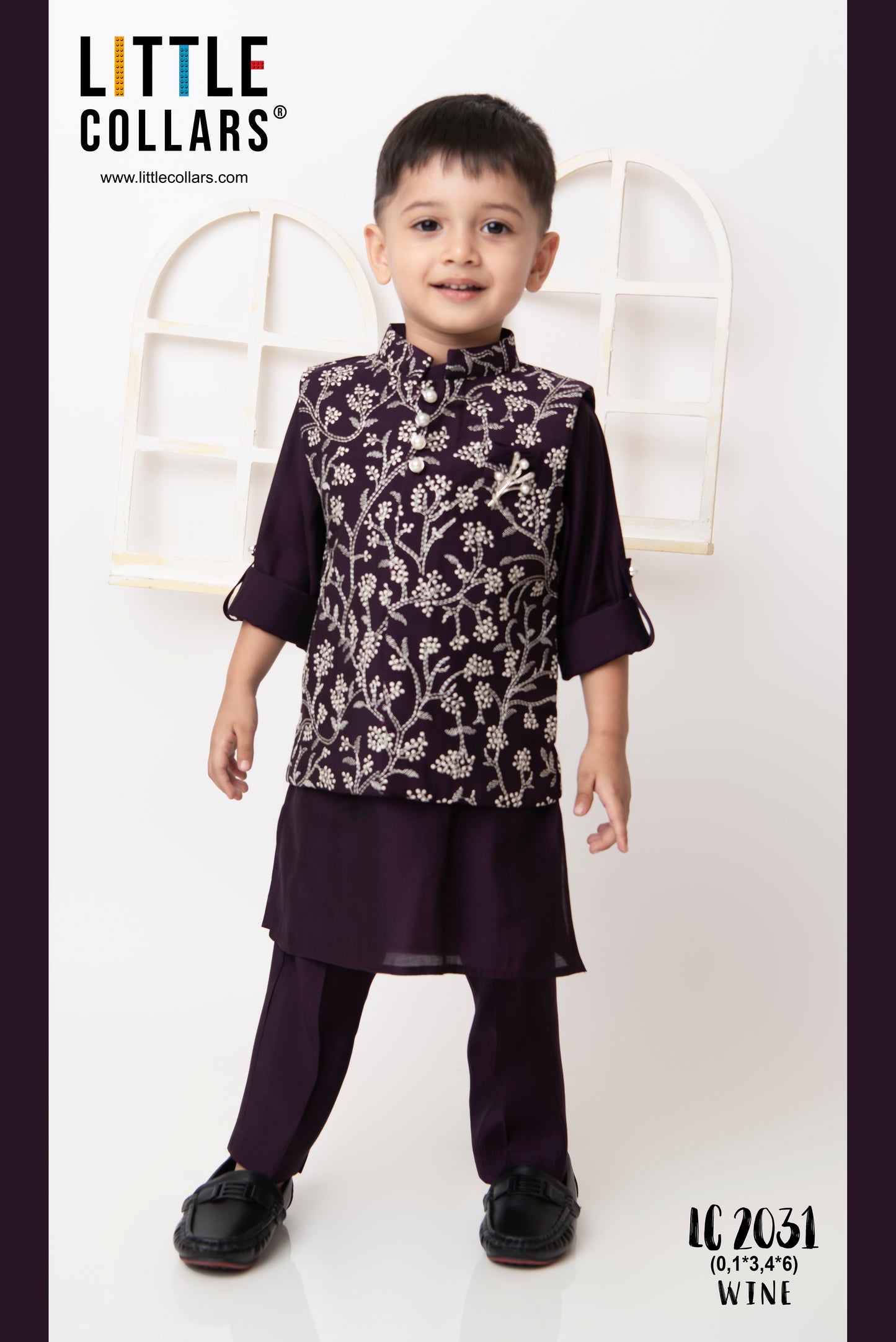 Wine Festive Floral All Over Embroidered Nehru Jacket Kurta Pajama Set