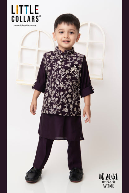 Wine Festive Floral All Over Embroidered Nehru Jacket Kurta Pajama Set