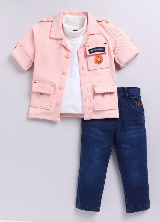 Peach Casual and Stylish Full Sleeves Jacket with Denim Pants and Sleeveless Tshirt