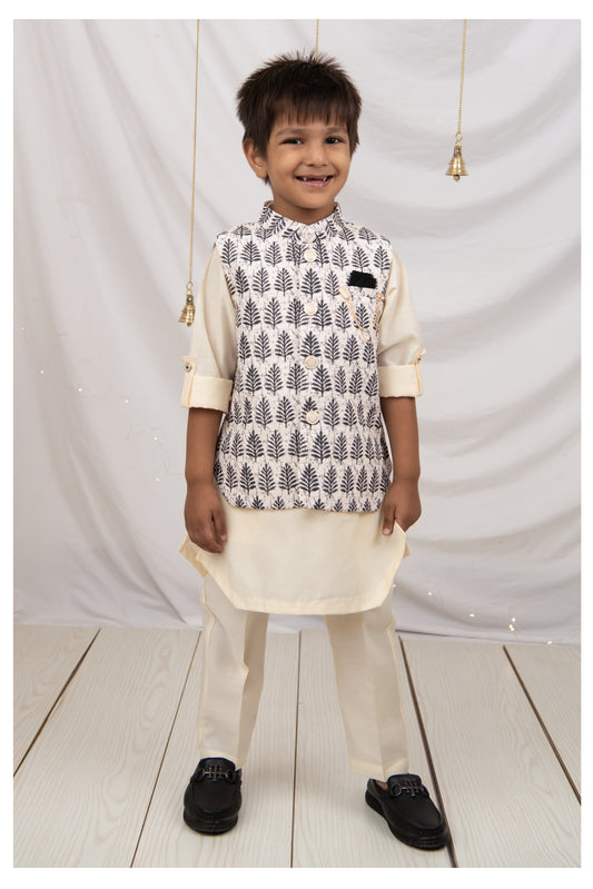 Black Art Silk Blend Soft Festive Motif Printed and Embroidered Ethnic Nehru Jacket Full Sleeves Kurta Pajama Set with Brooch