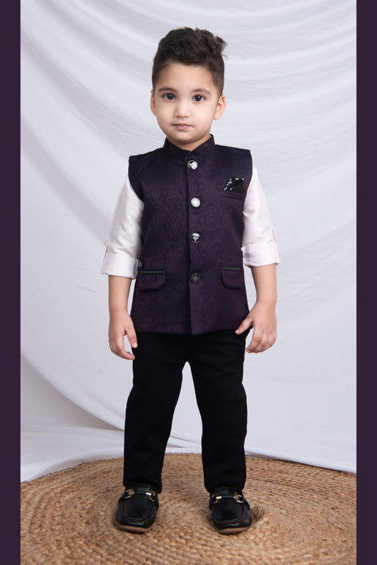 Wine Formal Partywear Jacquard Nehru Jacket Full Sleeves Shirt Pant Set
