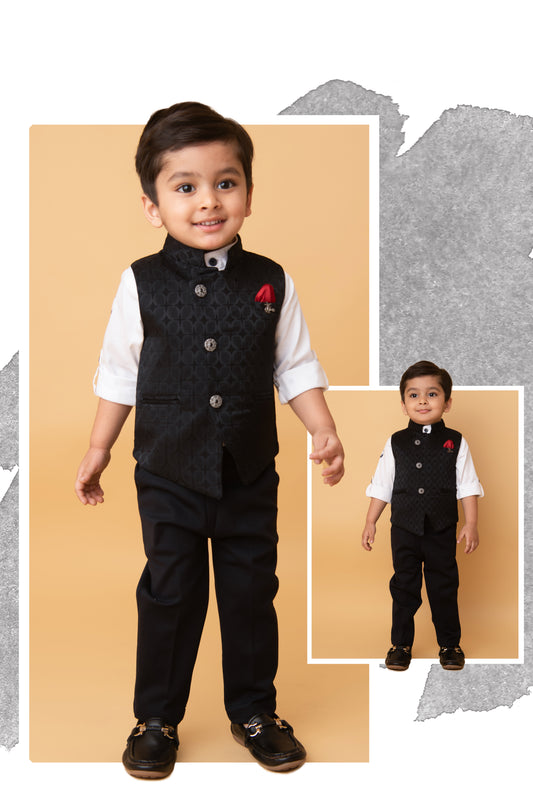 Black Boys Full Sleeves Elegant Jaquard Nehru Jacket Coord Set