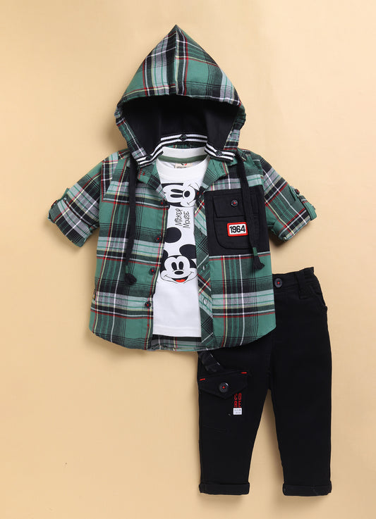 Green Fashionable and Trendy Checkered Hooded Full Sleeves Shirt, Tshirt, Cargo Pants Casual set
