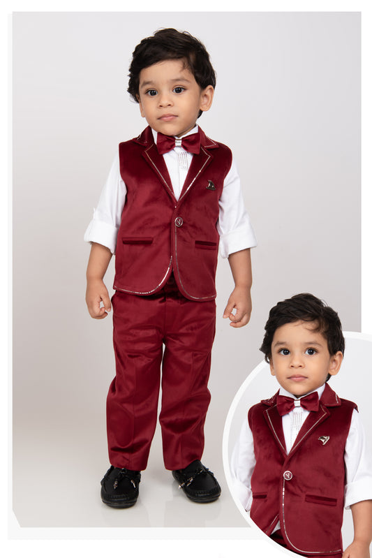 Maroon Boys Full Sleeves Elegant Velvet Suede Patterned Partywear Jacket Coord Set with Bow