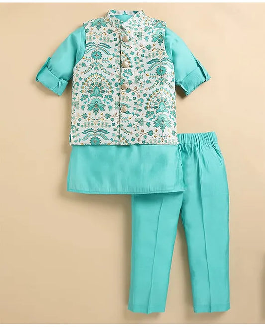 Full Sleeves Solid Coordinating Kurta & Pyjama With Floral Printed Jacket - Green
