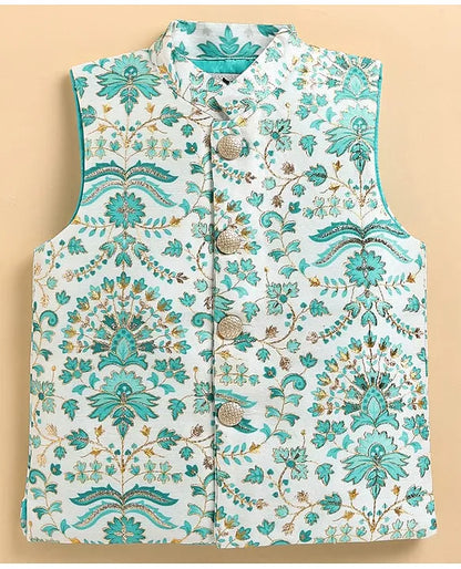 Full Sleeves Solid Coordinating Kurta & Pyjama With Floral Printed Jacket - Green