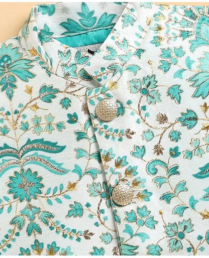 Full Sleeves Solid Coordinating Kurta & Pyjama With Floral Printed Jacket - Green