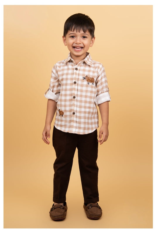 Boys Muslin Cotton Hand Embroidered Sheep Shirt Pant and Belt Set - Coffee
