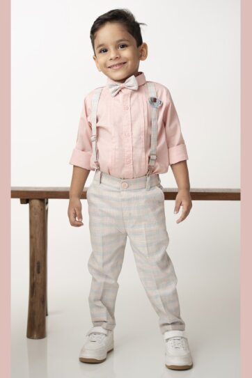 Little Collars Boys Cotton Checks Pant Shirt Suspender Bow with Cap Set- Peach