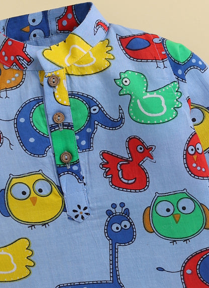 Boys Pure Cotton Fun Animal Printed Full Sleeve Kurta and Pajama Ethnic Set - Blue