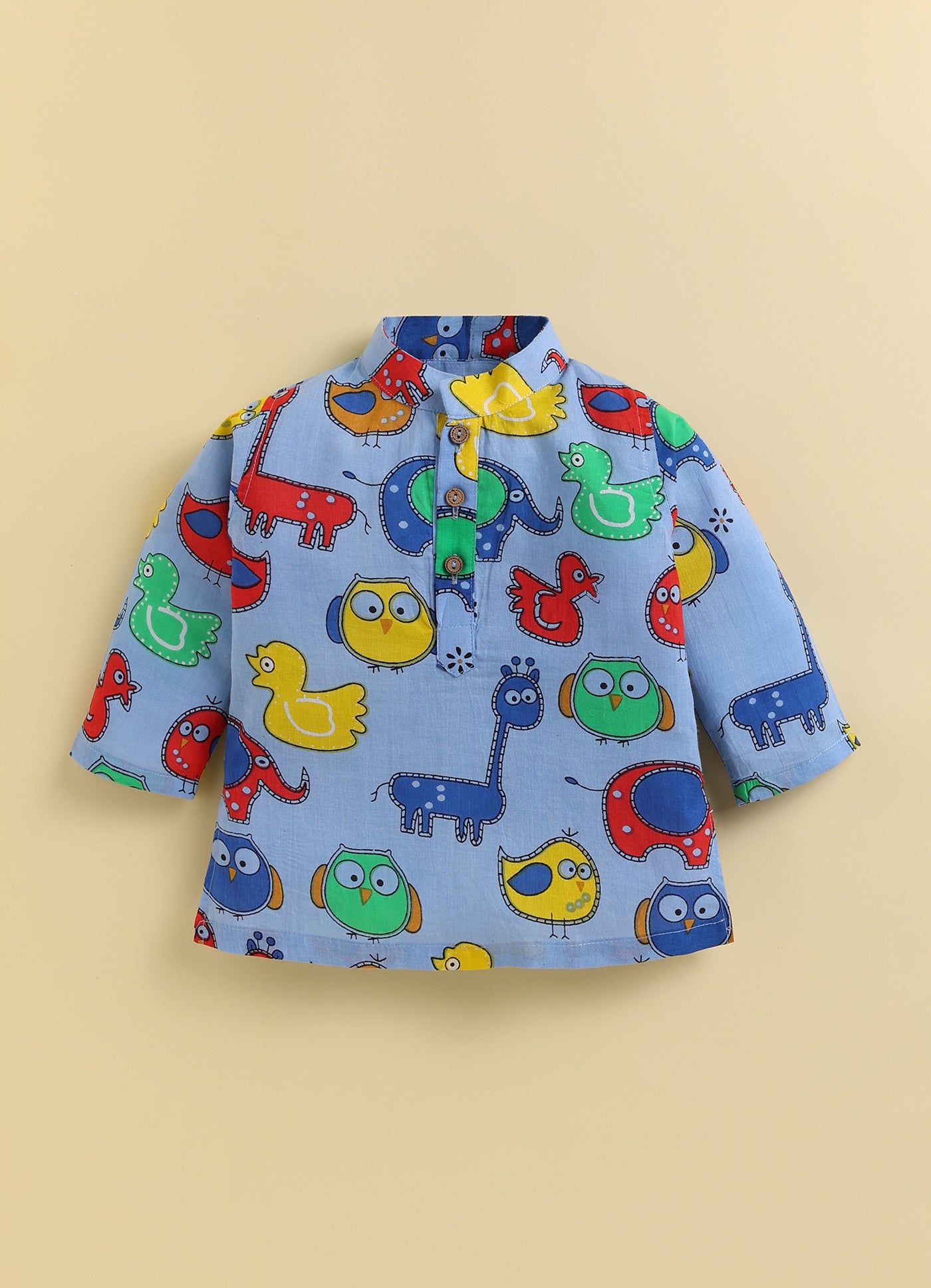 Boys Pure Cotton Fun Animal Printed Full Sleeve Kurta and Pajama Ethnic Set - Blue