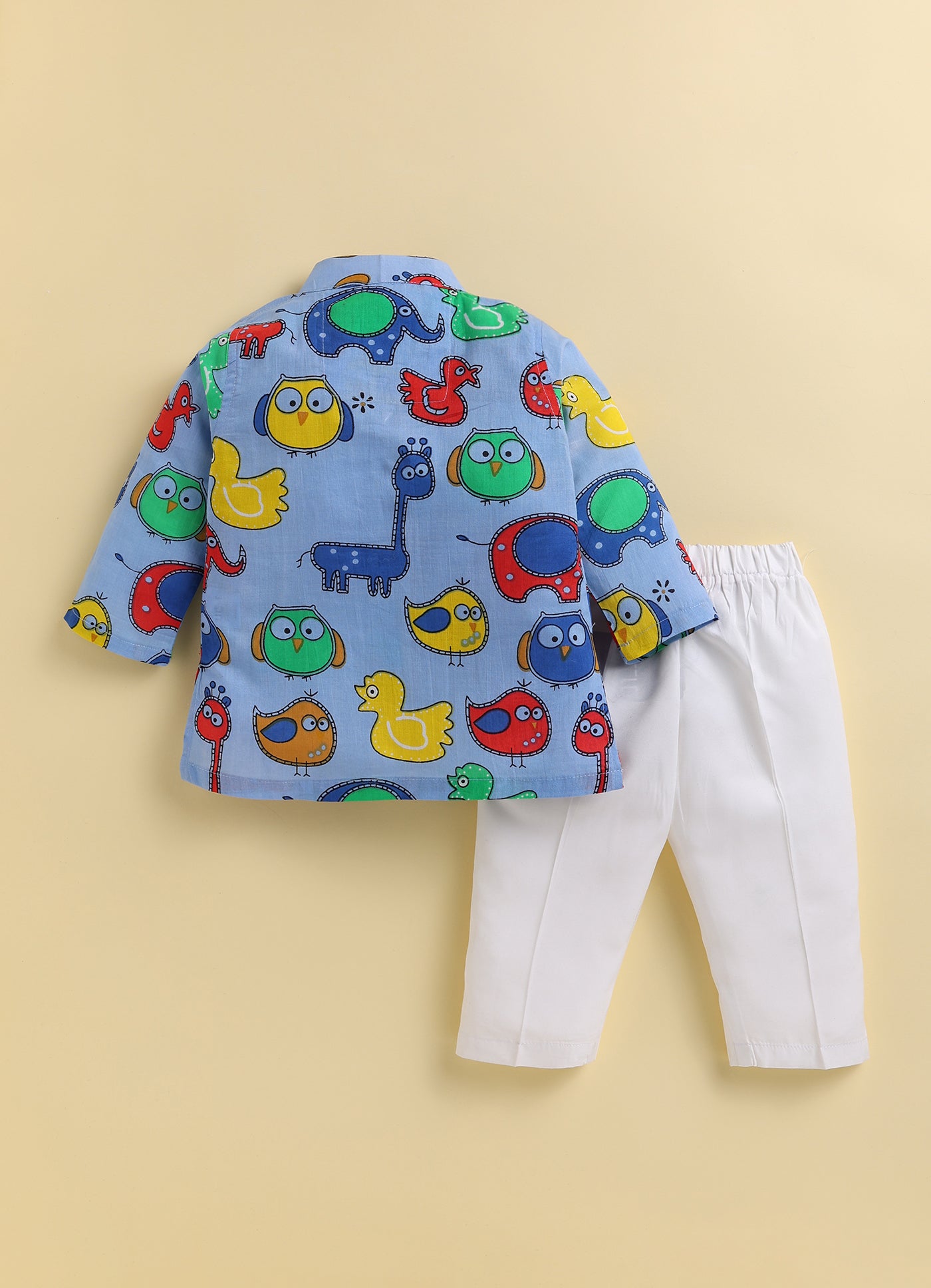 Boys Pure Cotton Fun Animal Printed Full Sleeve Kurta and Pajama Ethnic Set - Blue