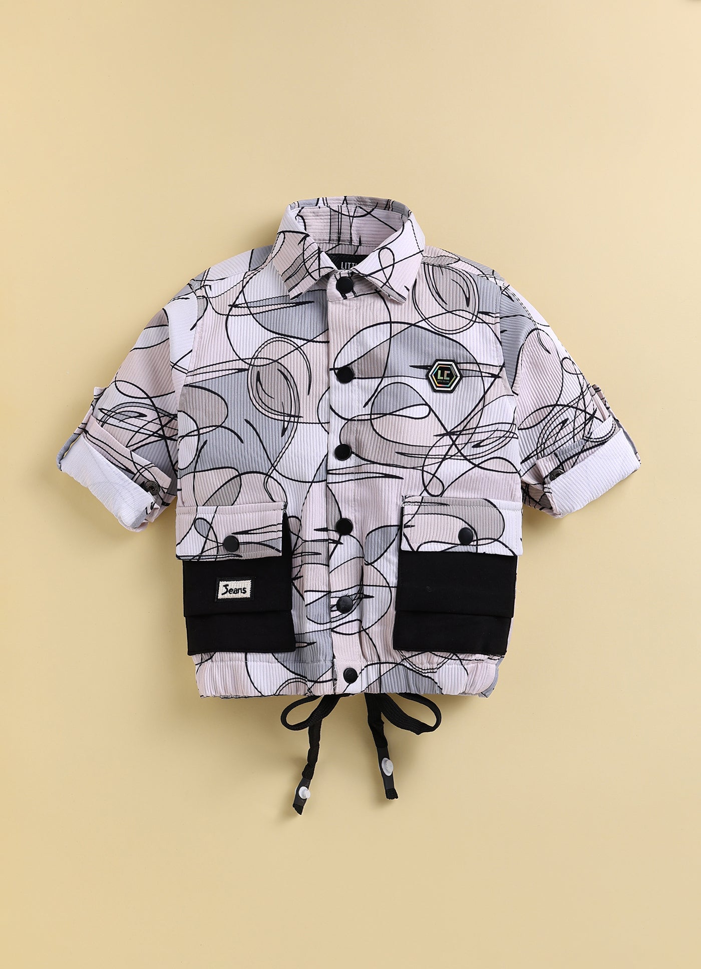 Boys Casual Knitted Full Sleeves All over Printed Airport Look Coord Casual Set- Beige