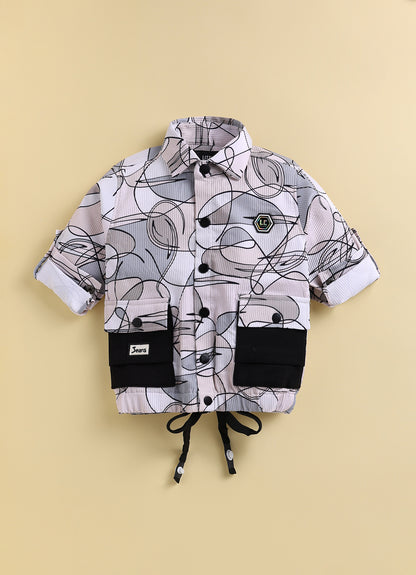 Boys Casual Knitted Full Sleeves All over Printed Airport Look Coord Casual Set- Beige