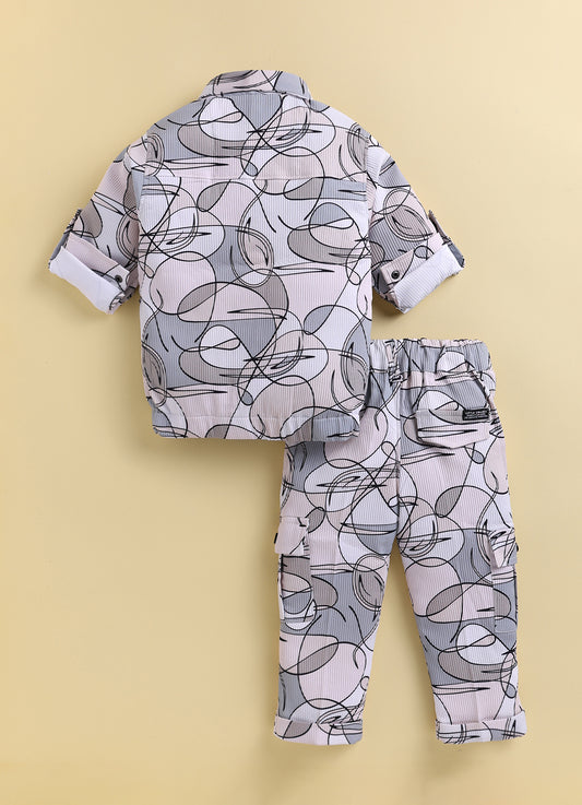 Boys Casual Knitted Full Sleeves All over Printed Airport Look Coord Casual Set- Beige