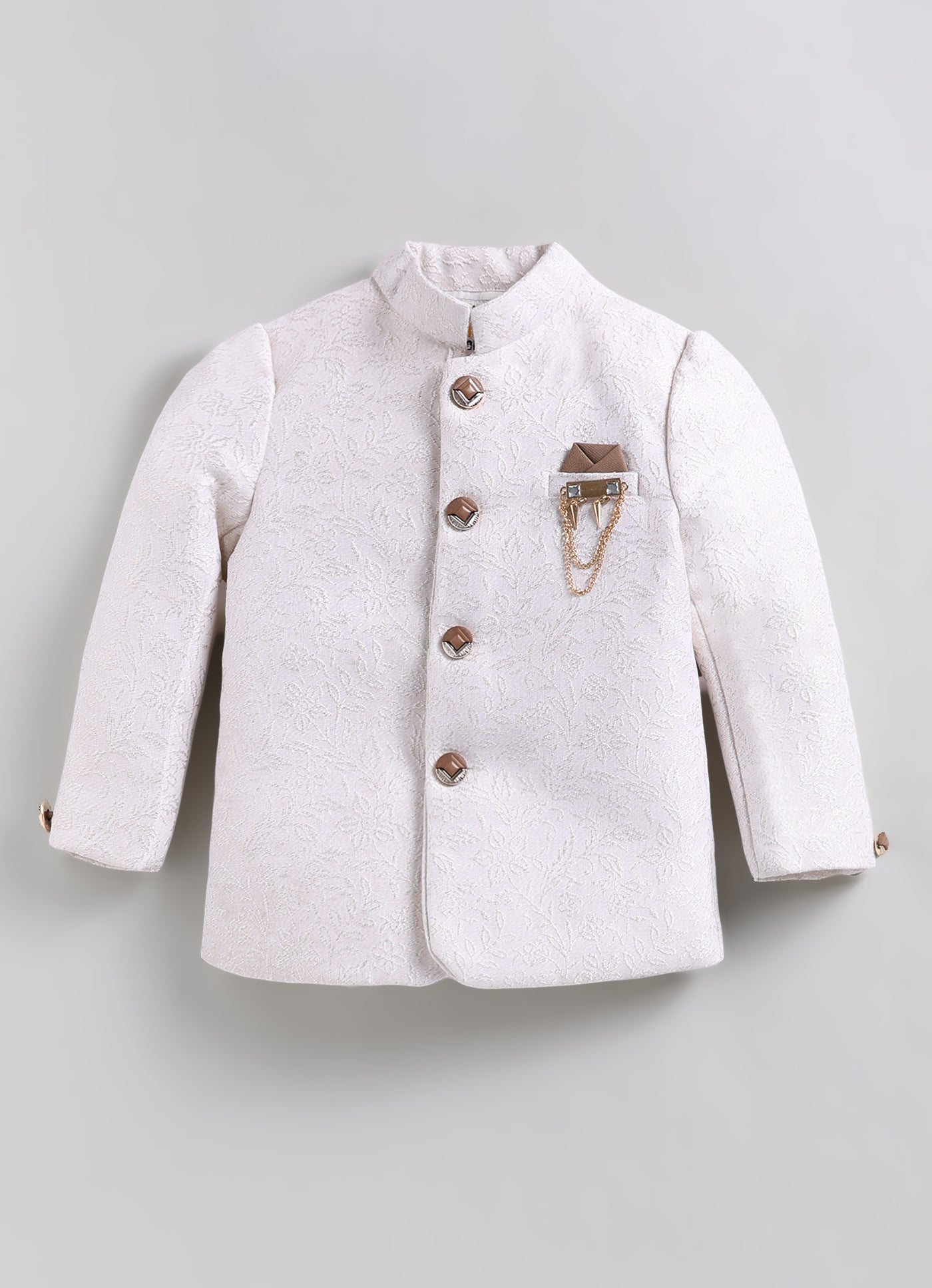 Boys Festive Jaquard Silk Woven Full Sleeves Prince Coat with Pant With Brooch Ethnic Set - Cream