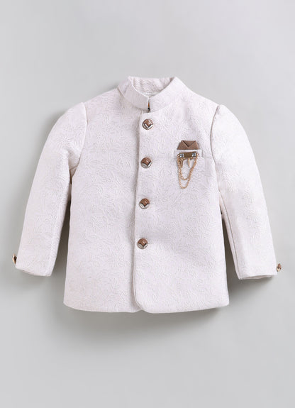 Boys Festive Jaquard Silk Woven Full Sleeves Prince Coat with Pant With Brooch Ethnic Set - Cream