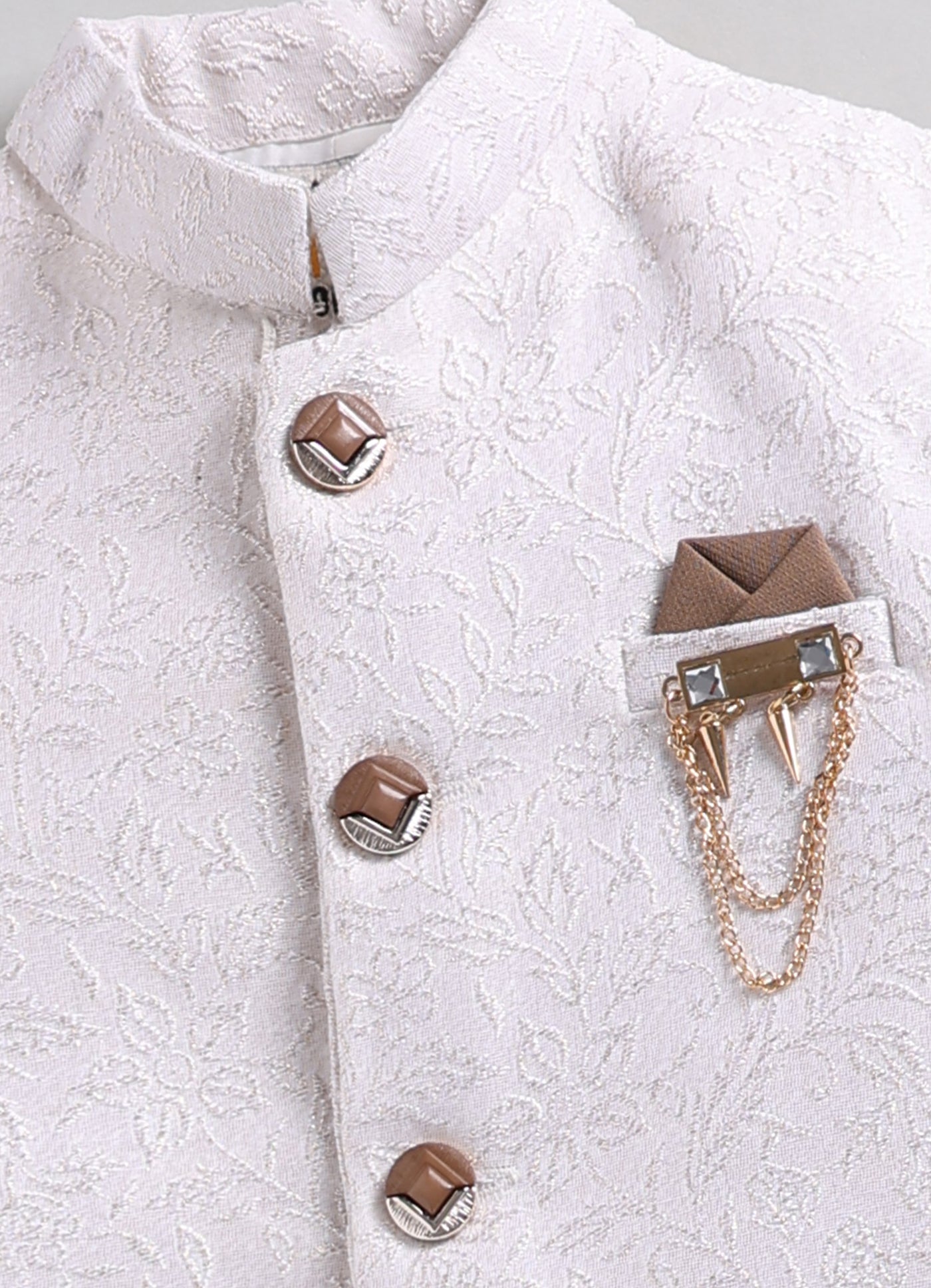Boys Festive Jaquard Silk Woven Full Sleeves Prince Coat with Pant With Brooch Ethnic Set - Cream