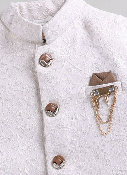 Boys Festive Jaquard Silk Woven Full Sleeves Prince Coat with Pant With Brooch Ethnic Set - Cream