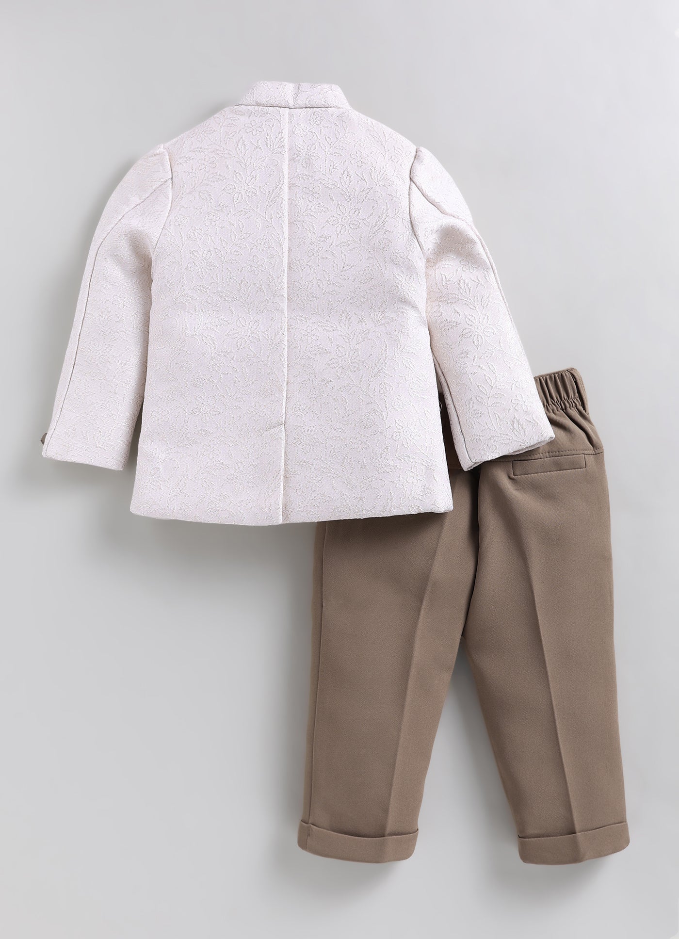 Boys Festive Jaquard Silk Woven Full Sleeves Prince Coat with Pant With Brooch Ethnic Set - Cream