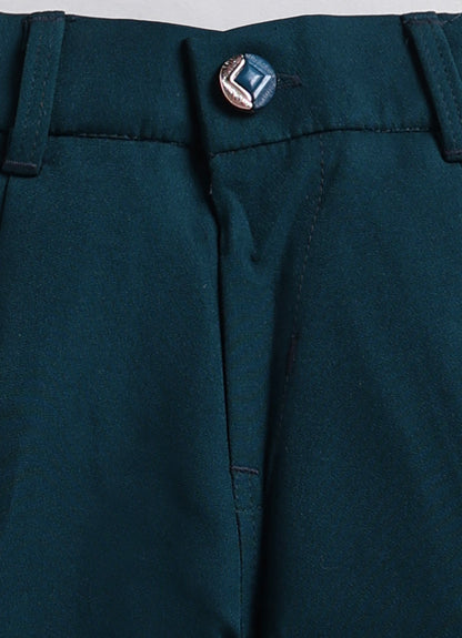 Boys Festive Jaquard Silk Woven Full Sleeves Prince Coat with Pant With Brooch Ethnic Set - Green