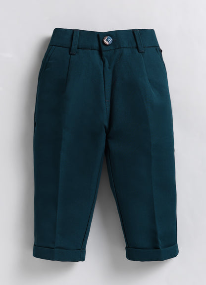 Boys Festive Jaquard Silk Woven Full Sleeves Prince Coat with Pant With Brooch Ethnic Set - Green