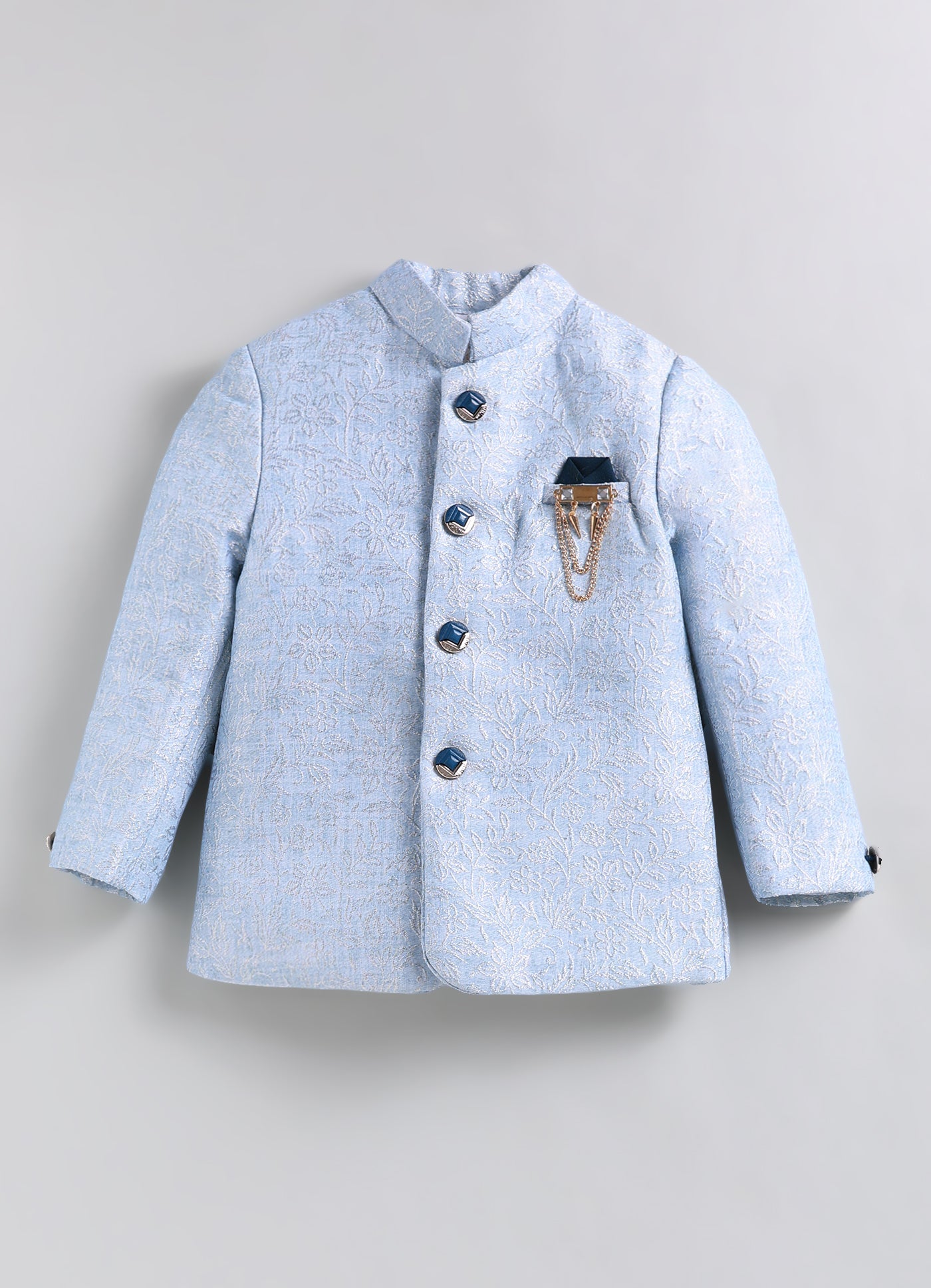 Boys Festive Jaquard Silk Woven Full Sleeves Prince Coat with Pant With Brooch Ethnic Set - Green
