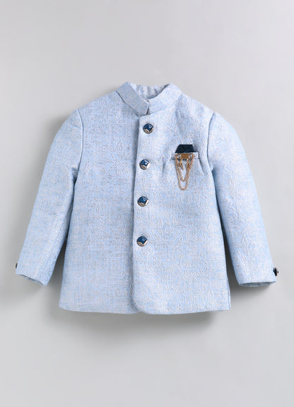 Boys Festive Jaquard Silk Woven Full Sleeves Prince Coat with Pant With Brooch Ethnic Set - Green