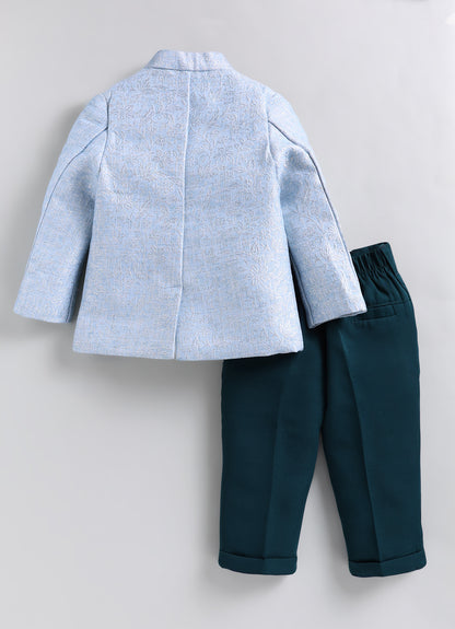 Boys Festive Jaquard Silk Woven Full Sleeves Prince Coat with Pant With Brooch Ethnic Set - Green