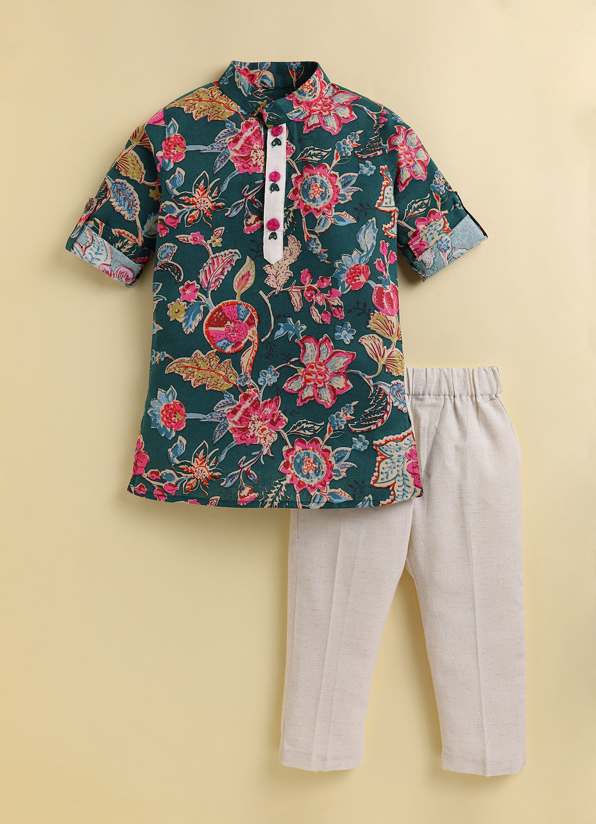 Boys Pure Cotton Woven Super Soft Jaipuri Floral Printed with Handwork detailing Full Sleeve Kurta and Pajama Ethnic Set - Green