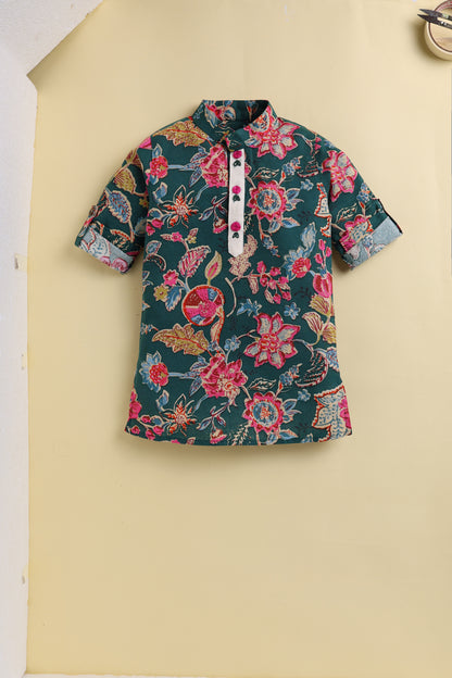 Boys Pure Cotton Woven Super Soft Jaipuri Floral Printed with Handwork detailing Full Sleeve Kurta and Pajama Ethnic Set - Green