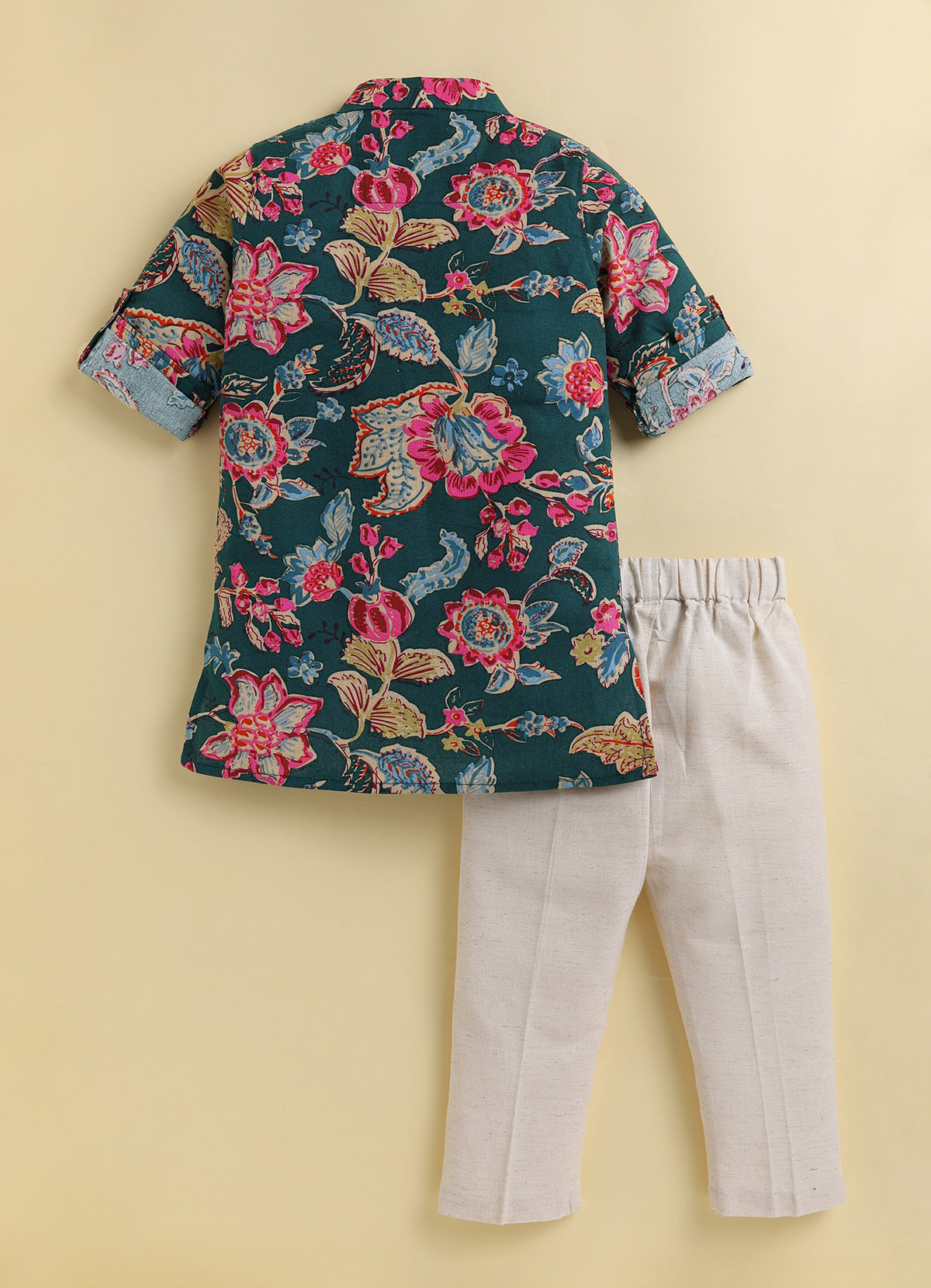 Boys Pure Cotton Woven Super Soft Jaipuri Floral Printed with Handwork detailing Full Sleeve Kurta and Pajama Ethnic Set - Green