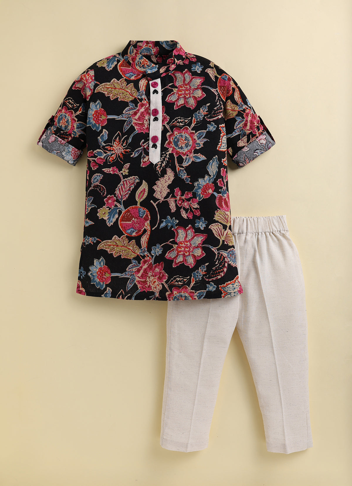 Boys Pure Cotton Woven Super Soft Jaipuri Floral Printed with Handwork detailing Full Sleeve Kurta and Pajama Ethnic Set - Black