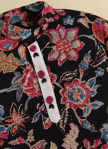 Boys Pure Cotton Woven Super Soft Jaipuri Floral Printed with Handwork detailing Full Sleeve Kurta and Pajama Ethnic Set - Black
