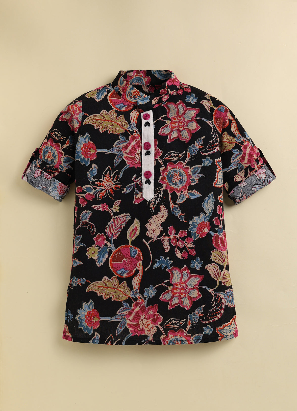 Boys Pure Cotton Woven Super Soft Jaipuri Floral Printed with Handwork detailing Full Sleeve Kurta and Pajama Ethnic Set - Black
