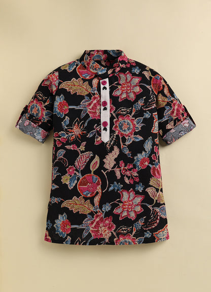 Boys Pure Cotton Woven Super Soft Jaipuri Floral Printed with Handwork detailing Full Sleeve Kurta and Pajama Ethnic Set - Black