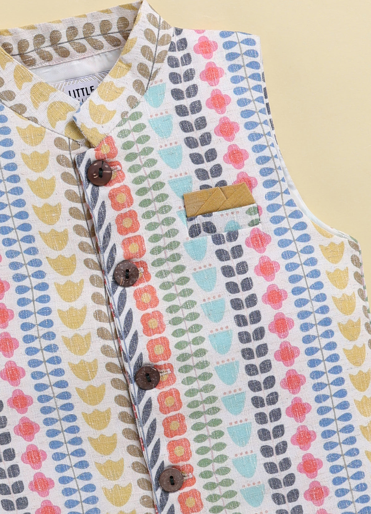 Boys Blended Cotton Woven Floral Printed Nehru Jacket, Full Sleeve Kurta and Pajama Ethnic Set - Multi