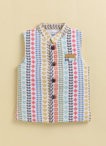 Boys Blended Cotton Woven Floral Printed Nehru Jacket, Full Sleeve Kurta and Pajama Ethnic Set - Multi