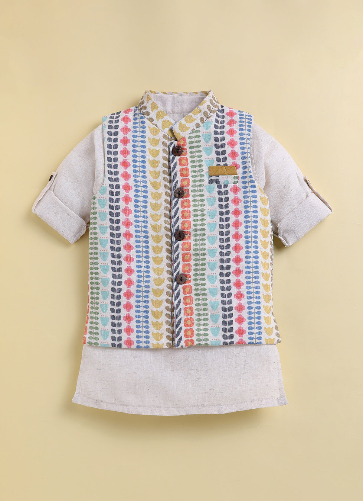 Boys Blended Cotton Woven Floral Printed Nehru Jacket, Full Sleeve Kurta and Pajama Ethnic Set - Multi
