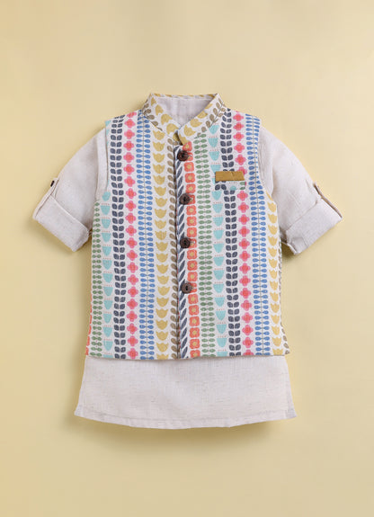 Boys Blended Cotton Woven Floral Printed Nehru Jacket, Full Sleeve Kurta and Pajama Ethnic Set - Multi