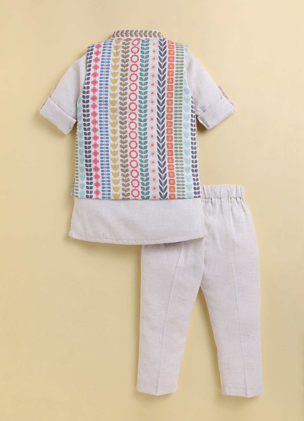 Boys Blended Cotton Woven Floral Printed Nehru Jacket, Full Sleeve Kurta and Pajama Ethnic Set - Multi