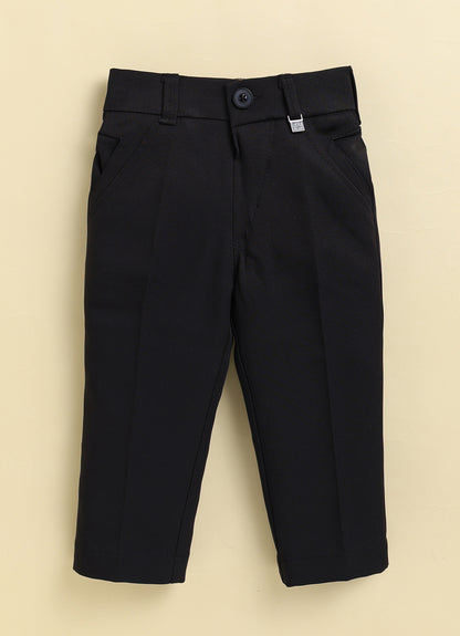 Boys  Full Sleeves Formal Jaquard and Heart Patch Shirt and Trousers with Bow Set- Black