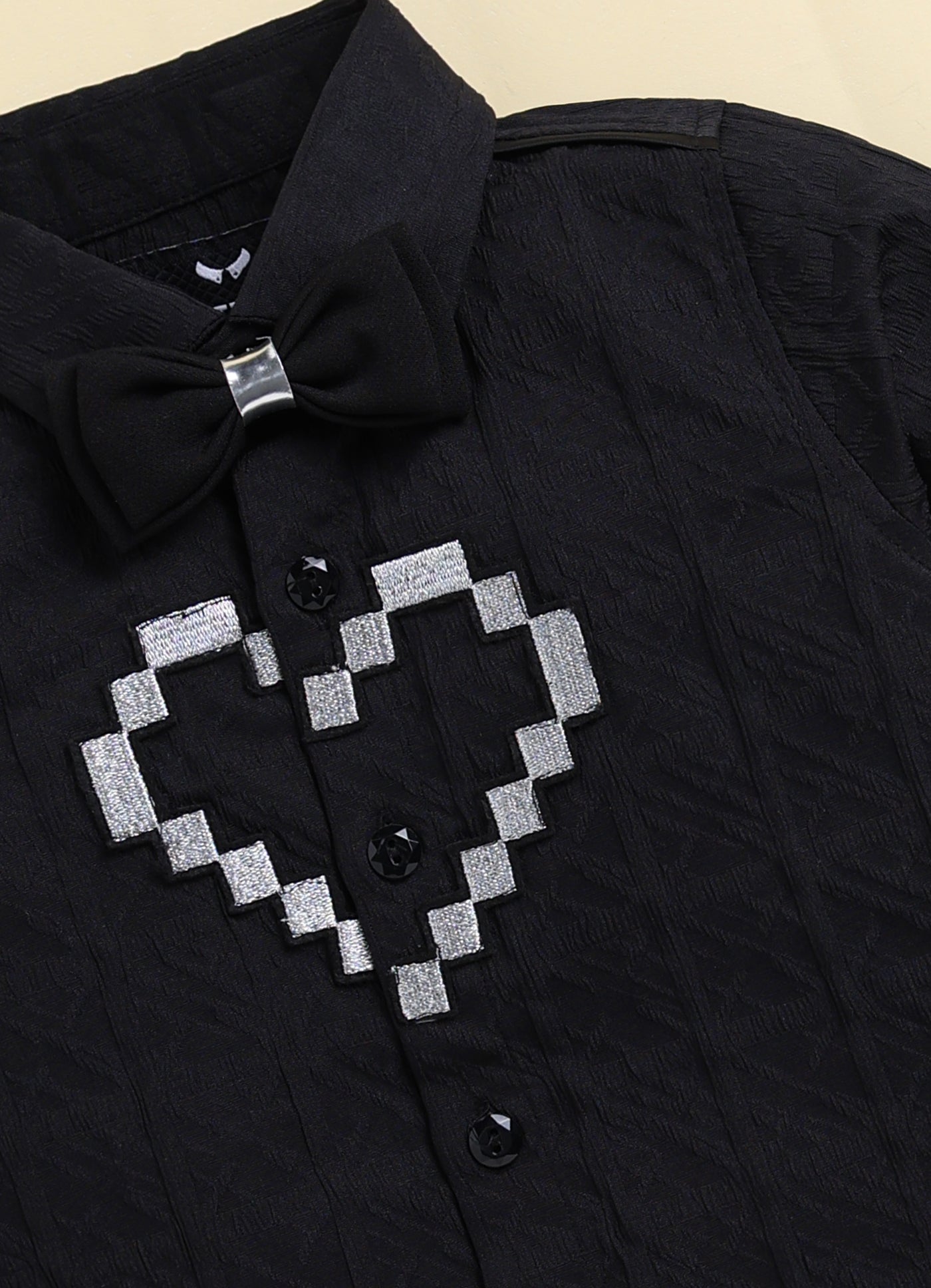 Boys  Full Sleeves Formal Jaquard and Heart Patch Shirt and Trousers with Bow Set- Black
