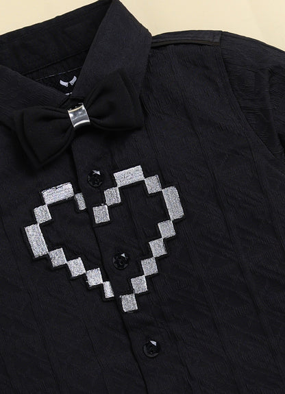 Boys  Full Sleeves Formal Jaquard and Heart Patch Shirt and Trousers with Bow Set- Black