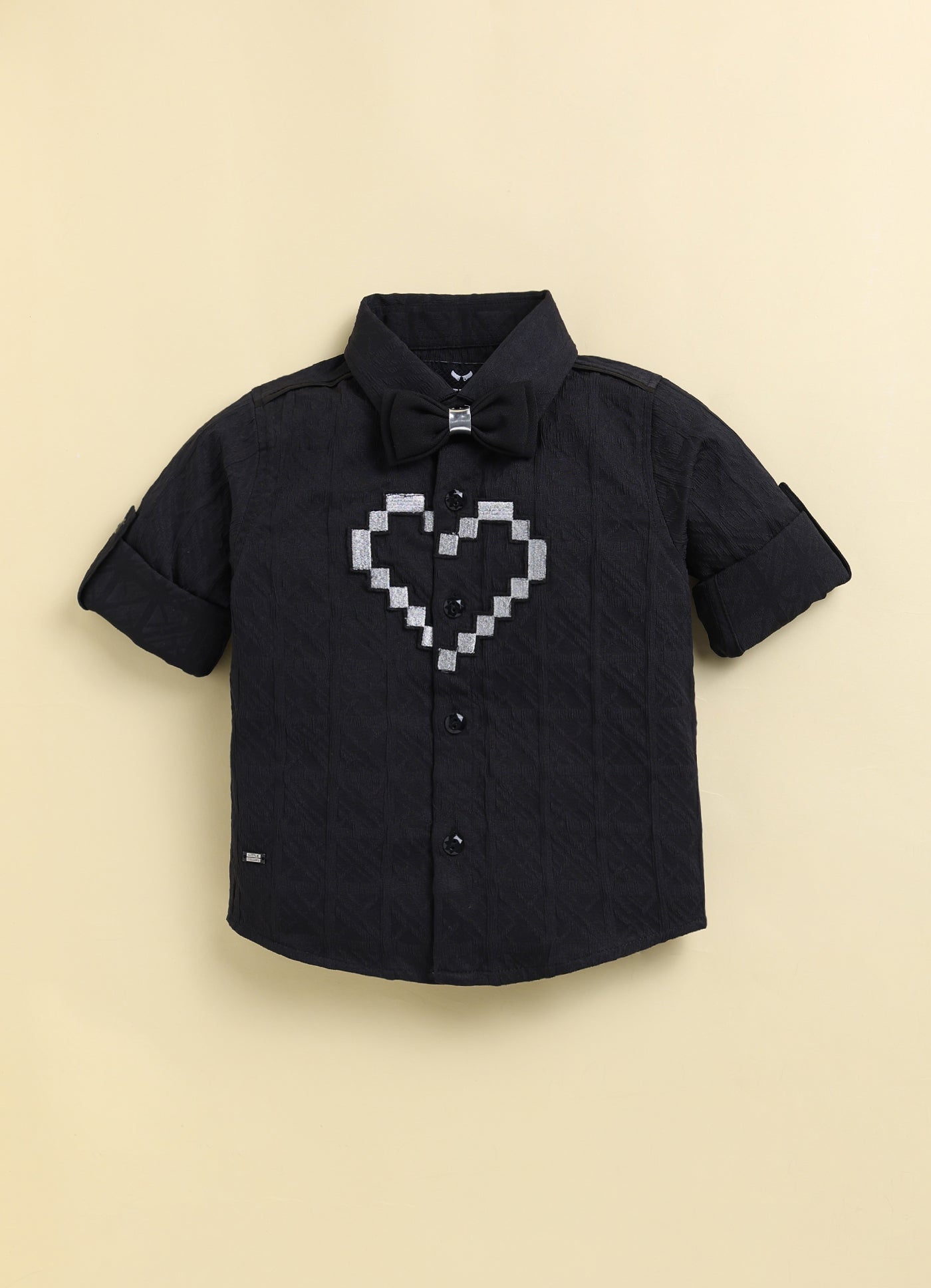 Boys  Full Sleeves Formal Jaquard and Heart Patch Shirt and Trousers with Bow Set- Black